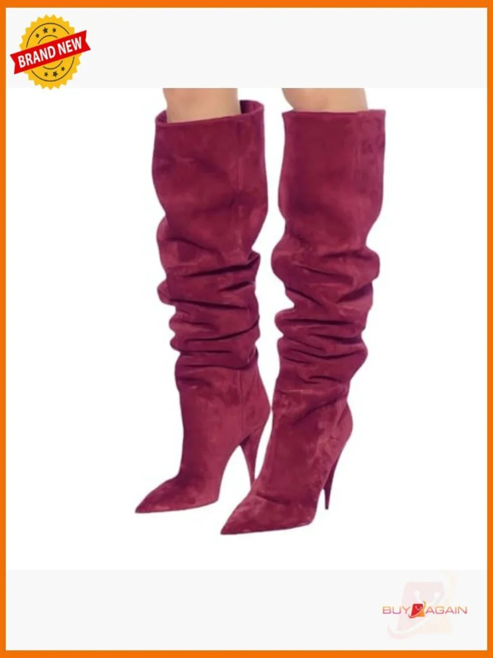 Knee High Suede Boots Pointed Toe Cone Heel Pull On Wide Calf Slouchy